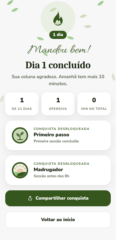 Tela de dia concluído com conquistas desbloqueadas