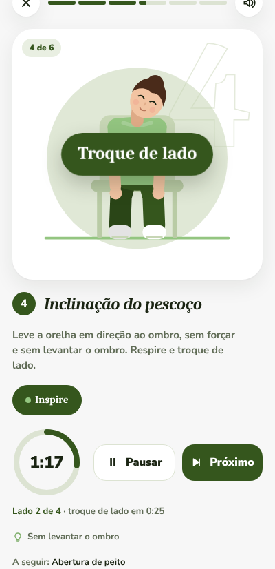 Tela do exercício: personagem inclinando o pescoço, aviso de troca de lado e timer